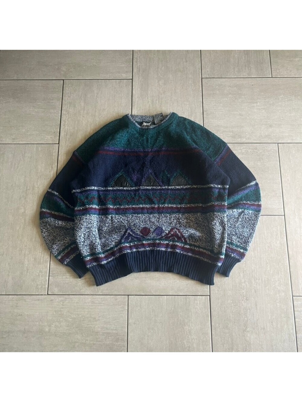 Impact Vintage Acrylic Knit Sweater with Leather Trim Size 2XL